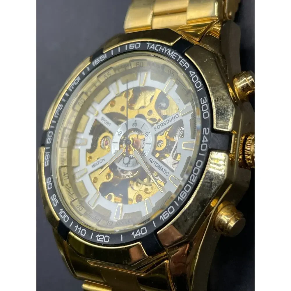 Forsining TM340 Mens Skeleton Stainless Steel Automatic Self-Winding Watch Gold